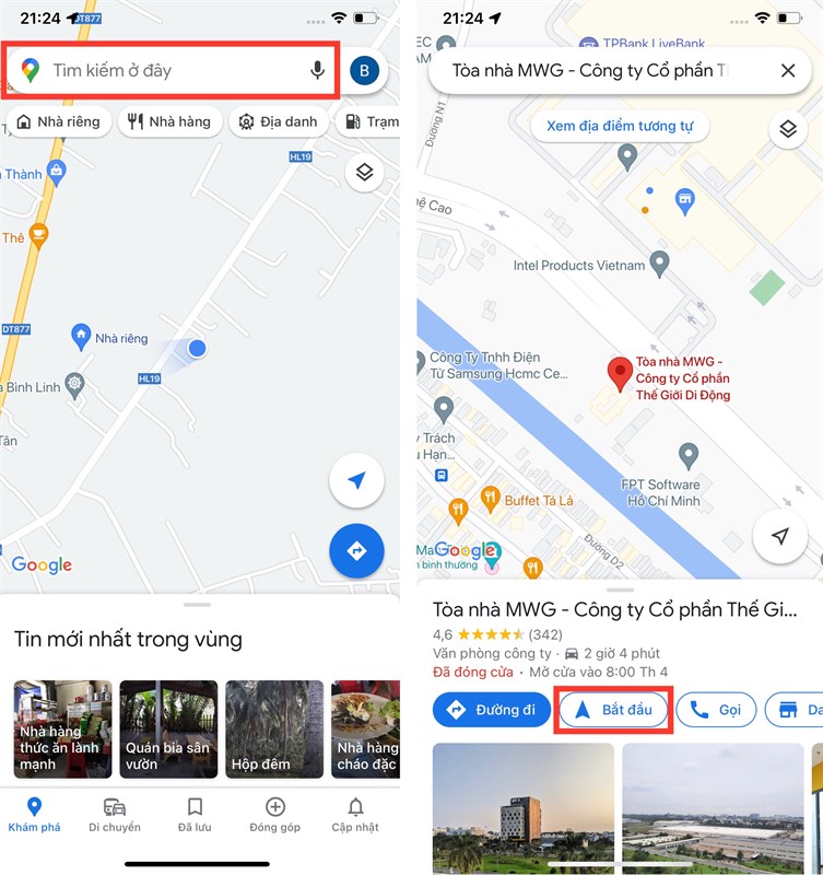 Chọn điểm đến và bắt đầu điều hướng trên Google Maps iPhone