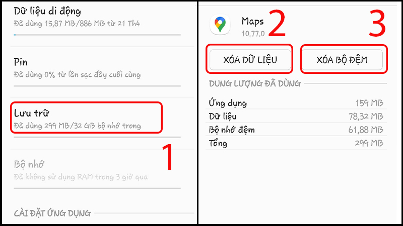 Xóa dữ liệu và bộ nhớ đệm của ứng dụng Google Maps để giải phóng dung lượng lưu trữ và cải thiện hiệu suất ứng dụng.