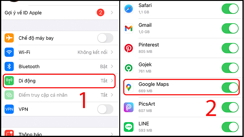 Bật dữ liệu di động cho ứng dụng Google Maps trên iPhone để cho phép ứng dụng sử dụng kết nối di động khi không có Wi-Fi.