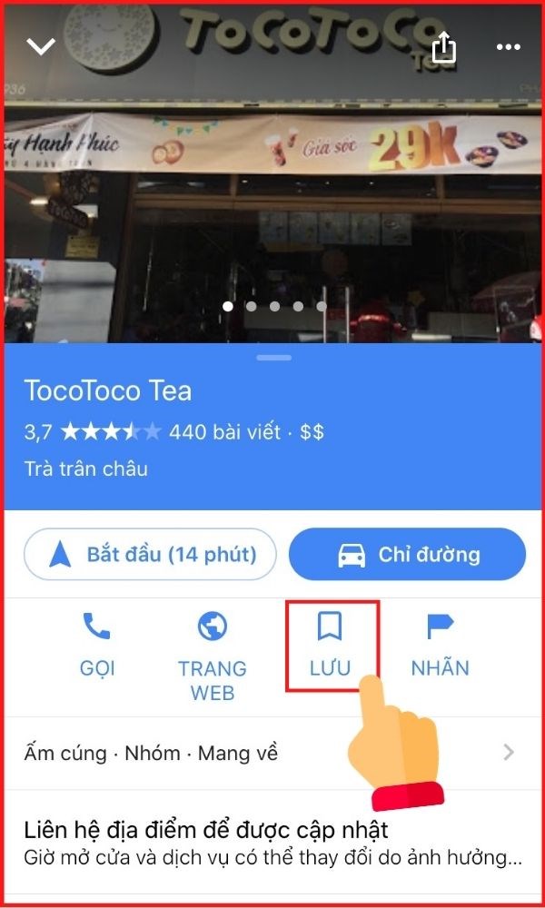 Ảnh chụp màn hình ứng dụng Google Maps trên điện thoại, hiển thị nút "Lưu" sau khi đã tìm kiếm được địa điểm