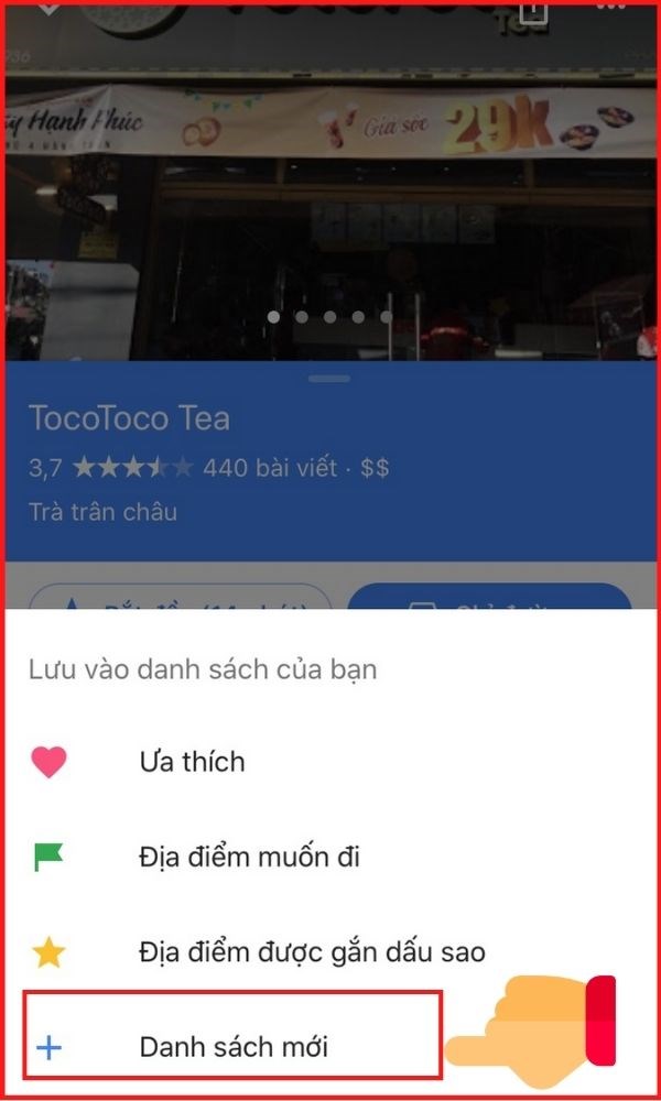 Ảnh chụp màn hình ứng dụng Google Maps trên điện thoại, hiển thị tùy chọn tạo danh sách mới trong mục "Đã lưu"