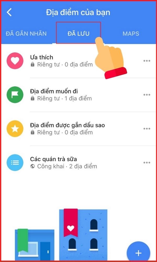 Ảnh chụp màn hình ứng dụng Google Maps trên điện thoại, hiển thị danh sách các địa điểm đã lưu và biểu tượng chia sẻ