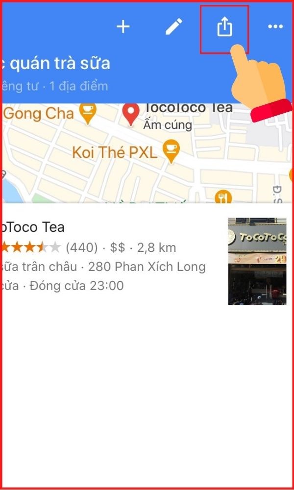 Ảnh chụp màn hình ứng dụng Google Maps trên điện thoại, hiển thị các tùy chọn chia sẻ địa điểm qua nhiều ứng dụng khác nhau