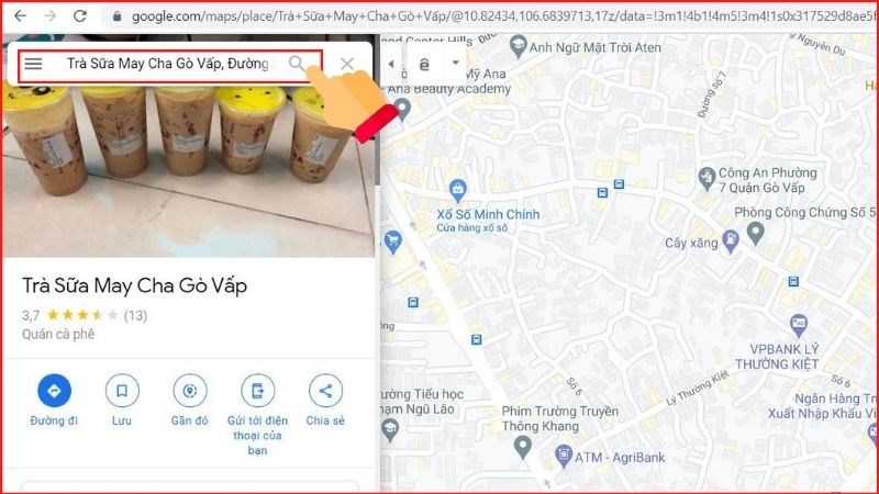 Ảnh chụp màn hình giao diện Google Maps trên máy tính, hiển thị thanh tìm kiếm địa điểm