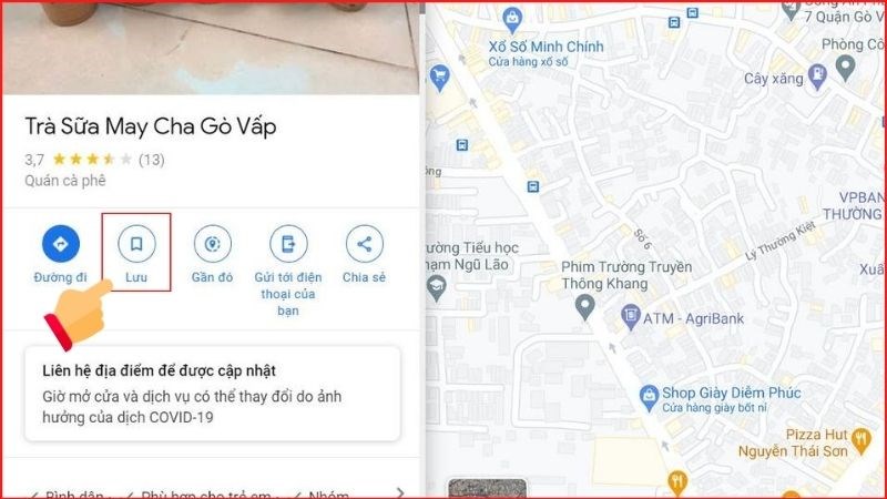 Ảnh chụp màn hình giao diện Google Maps trên máy tính, hiển thị nút "Lưu" sau khi tìm kiếm được địa điểm