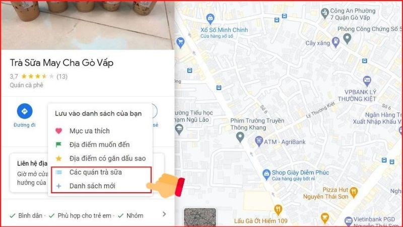 Ảnh chụp màn hình giao diện Google Maps trên máy tính, hiển thị các tùy chọn tạo danh sách địa điểm mới