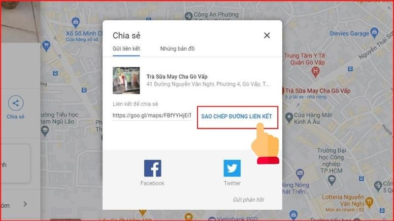 Ảnh chụp màn hình giao diện Google Maps trên máy tính, hiển thị liên kết chia sẻ địa điểm