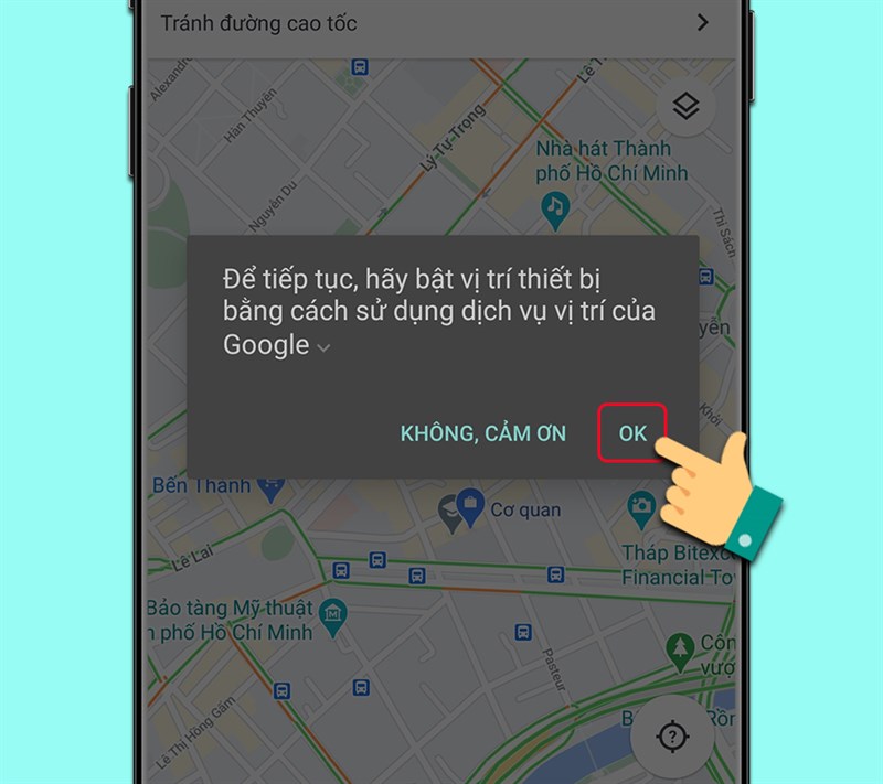 Thông báo yêu cầu bật định vị trên Google Maps, đảm bảo ứng dụng có thể xác định vị trí chính xác của bạn. Alt: Bật định vị để Google Maps dẫn đường chính xác đến đích của bạn.