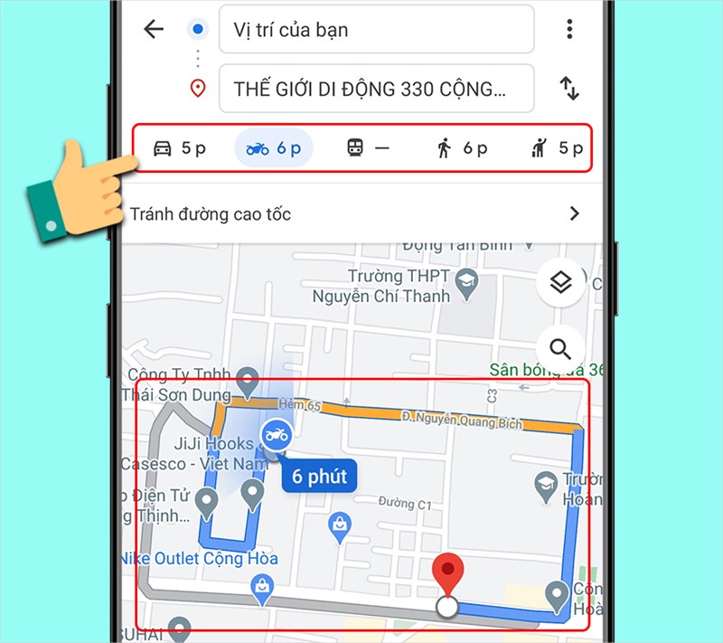 Các biểu tượng phương tiện di chuyển khác nhau trên Google Maps: ô tô, xe máy, xe buýt, đi bộ và xe đạp. Alt: Chọn phương tiện di chuyển phù hợp để Google Maps tối ưu hóa lộ trình cho bạn.