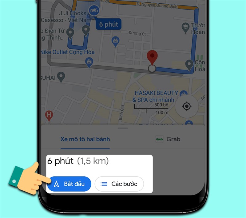 Nút "Bắt đầu" trên Google Maps, khởi động chế độ điều hướng và hướng dẫn bạn từng bước trên đường đi. Alt: Nhấn "Bắt đầu" để Google Maps dẫn đường cho bạn.