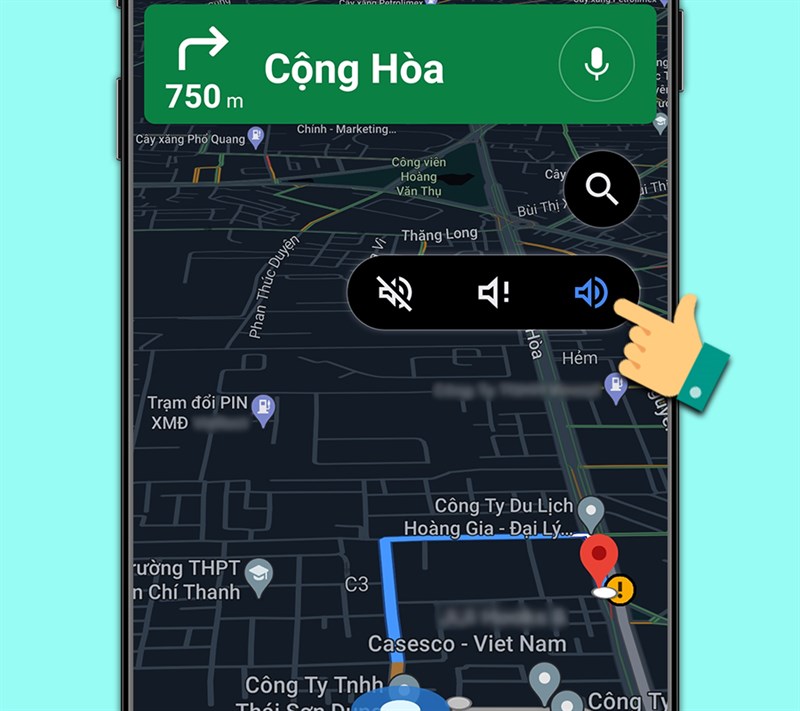 Biểu tượng âm thanh trên Google Maps, cho phép bạn tùy chỉnh âm lượng và chế độ hướng dẫn bằng giọng nói. Alt: Tùy chỉnh âm lượng và chế độ hướng dẫn bằng giọng nói trên Google Maps.