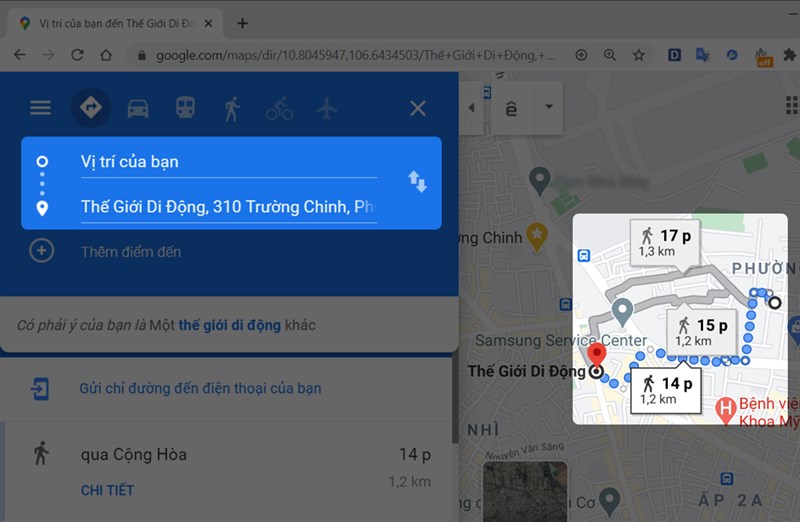 Bảng điều khiển "Chỉ đường" trên Google Maps, cho phép bạn nhập điểm khởi hành và điểm đến để tìm đường đi. Alt: Nhập điểm khởi hành và điểm đến để Google Maps tính toán lộ trình tối ưu nhất.