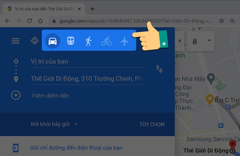 Các biểu tượng phương tiện di chuyển khác nhau trên Google Maps: ô tô, xe buýt, đi bộ và xe đạp. Alt: Chọn phương tiện di chuyển phù hợp để Google Maps tối ưu hóa lộ trình cho bạn.