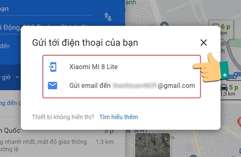 Cửa sổ chọn thiết bị hoặc nhập địa chỉ email để gửi hướng dẫn đường đi từ Google Maps. Alt: Chọn thiết bị hoặc nhập email để nhận hướng dẫn đường đi từ Google Maps.