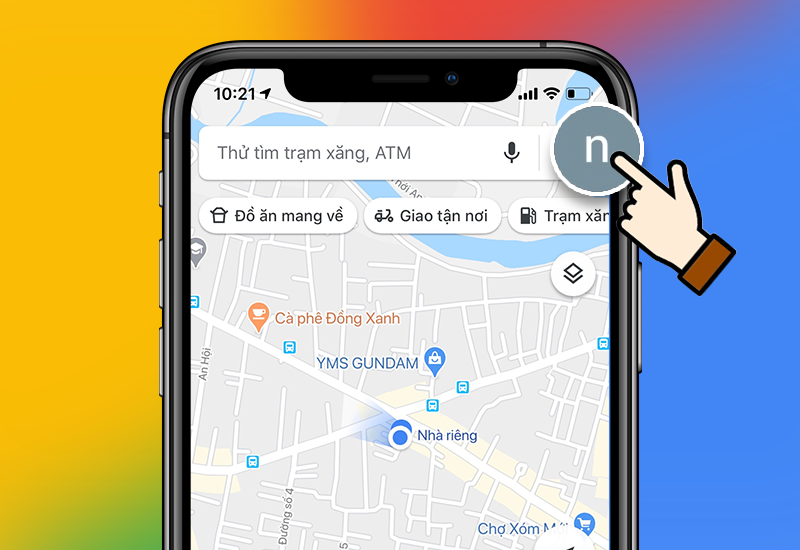 Ảnh chụp màn hình ứng dụng Google Maps, người dùng nhấn vào avatar tài khoản để mở menu tùy chọn