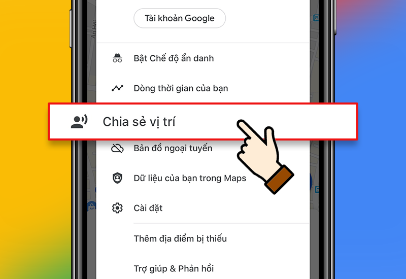 Ảnh chụp màn hình ứng dụng Google Maps, người dùng chọn mục "Chia sẻ vị trí" từ menu tài khoản