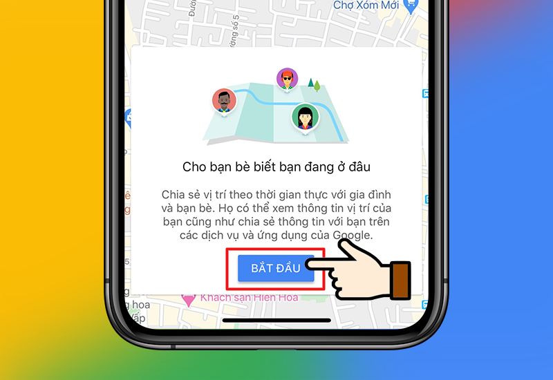 Ảnh chụp màn hình thông báo chia sẻ vị trí trên Google Maps, người dùng nhấn vào nút "Bắt đầu"