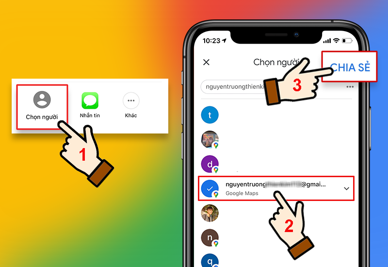 Ảnh chụp màn hình chọn người nhận chia sẻ vị trí qua tài khoản Google, người dùng chọn một liên hệ từ danh sách