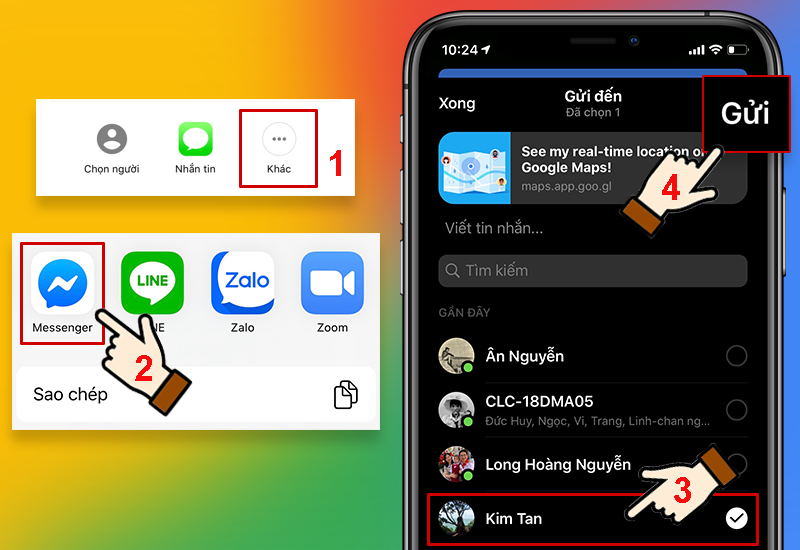 Ảnh chụp màn hình chia sẻ vị trí qua ứng dụng khác như Messenger, Zalo, người dùng chọn ứng dụng và người nhận