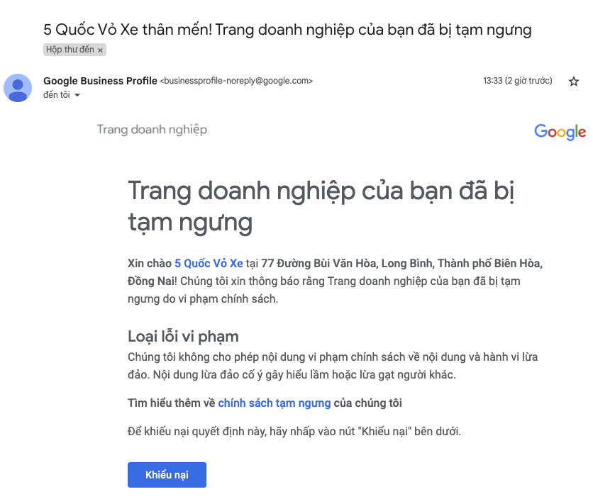 Ảnh minh họa khiếu nại tạm ngưng Google Map