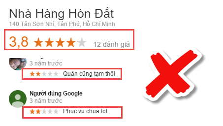 Bình luận tiêu cực từ đối thủ cạnh tranh trên Google Maps.