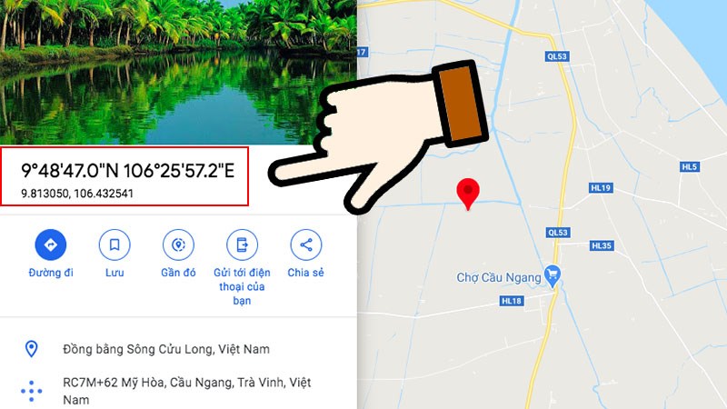 Ảnh chụp màn hình bảng điều khiển thông tin chi tiết về một vị trí trên Google Maps, hiển thị tọa độ ở cả hai định dạng DMS và số thập phân.