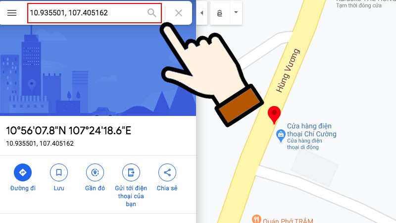 Ảnh chụp màn hình thanh tìm kiếm trên Google Maps, tọa độ được nhập và vị trí tương ứng hiển thị trên bản đồ.