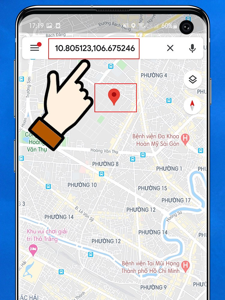 Ảnh chụp màn hình Google Maps trên điện thoại, vị trí được chọn bằng cách nhấn giữ và dấu ghim đỏ hiển thị.