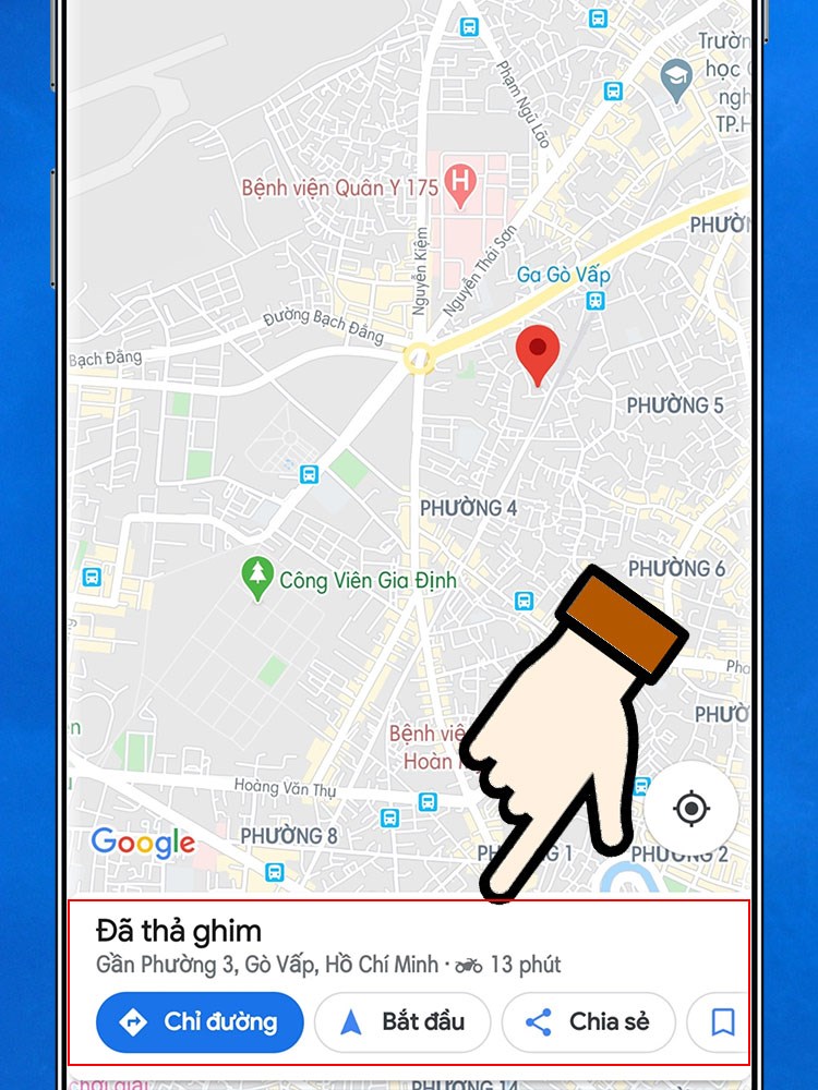 Ảnh chụp màn hình bảng thông tin chi tiết về một vị trí trên Google Maps trên điện thoại, hiển thị địa chỉ và các thông tin liên quan.