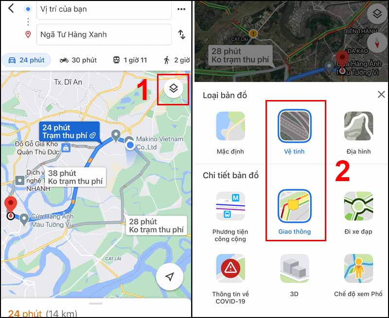 Xem mật độ giao thông trên Google Maps bằng cách chọn lớp giao thông, giúp bạn dễ dàng nhận biết các khu vực ùn tắc và điều chỉnh lộ trình di chuyển.