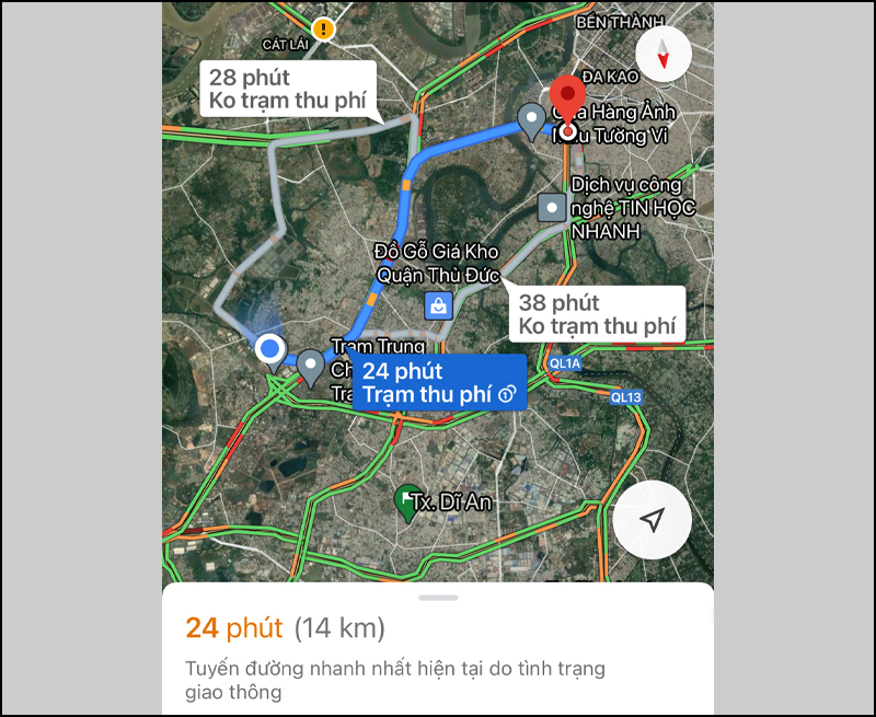 Màu sắc hiển thị mật độ giao thông trên Google Maps: xanh lá cây (lưu thông tốt), xanh dương (nhiều người dùng), cam (lưu thông chậm), đỏ (ùn tắc).