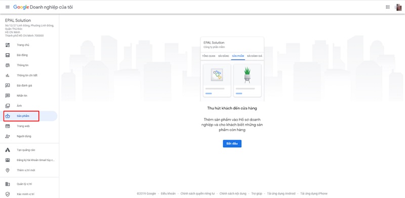 Truy cập tab sản phẩm trên Google Doanh nghiệp