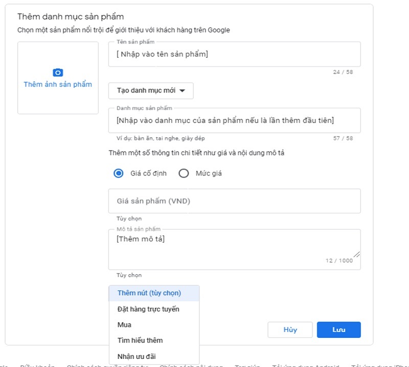 Điền thông tin sản phẩm trên Google Doanh nghiệp