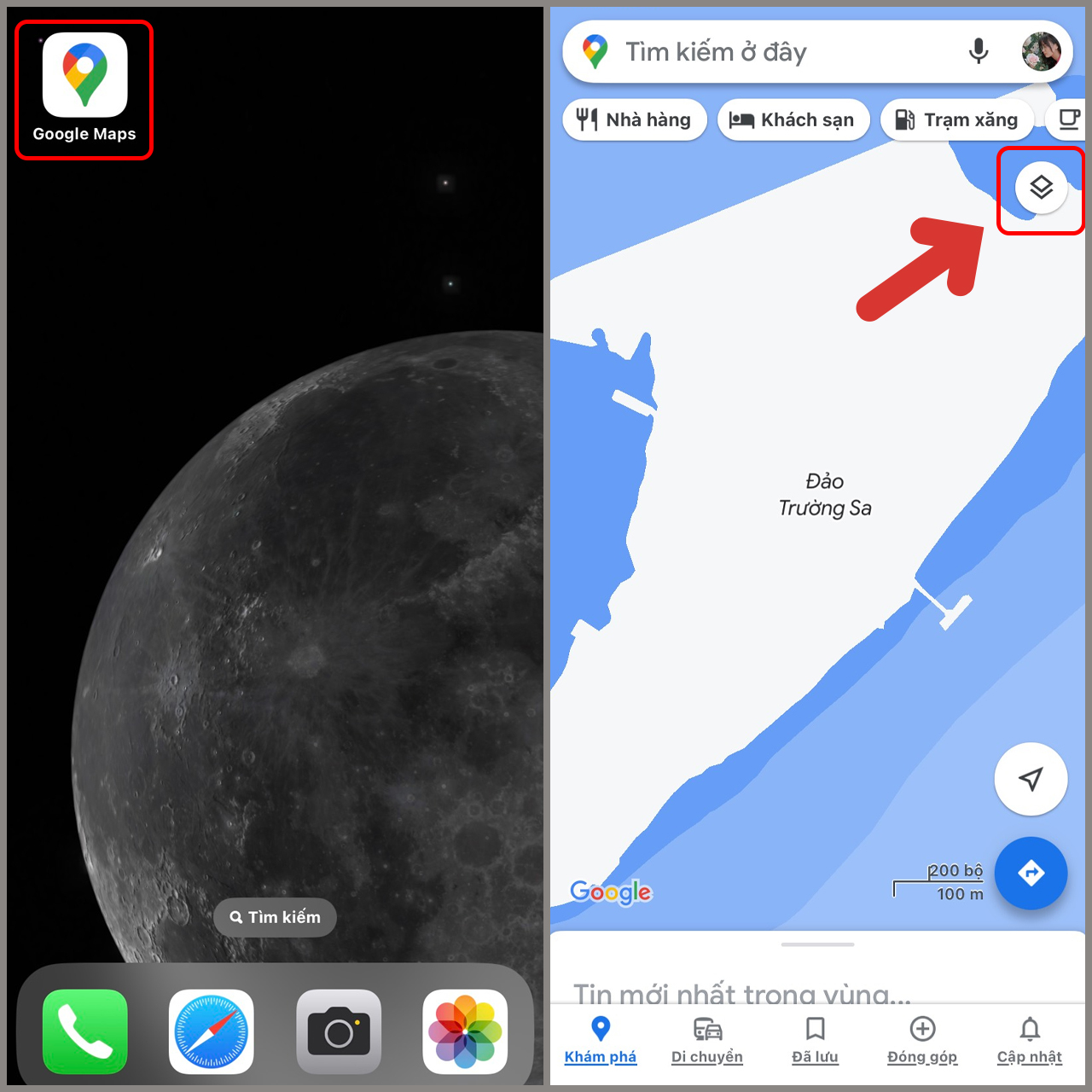 Ảnh chụp màn hình ứng dụng Google Maps trên điện thoại, hiển thị biểu tượng "Kiểu bản đồ" và các tùy chọn kiểu bản đồ khác nhau, với tùy chọn "Vệ tinh" được đánh dấu