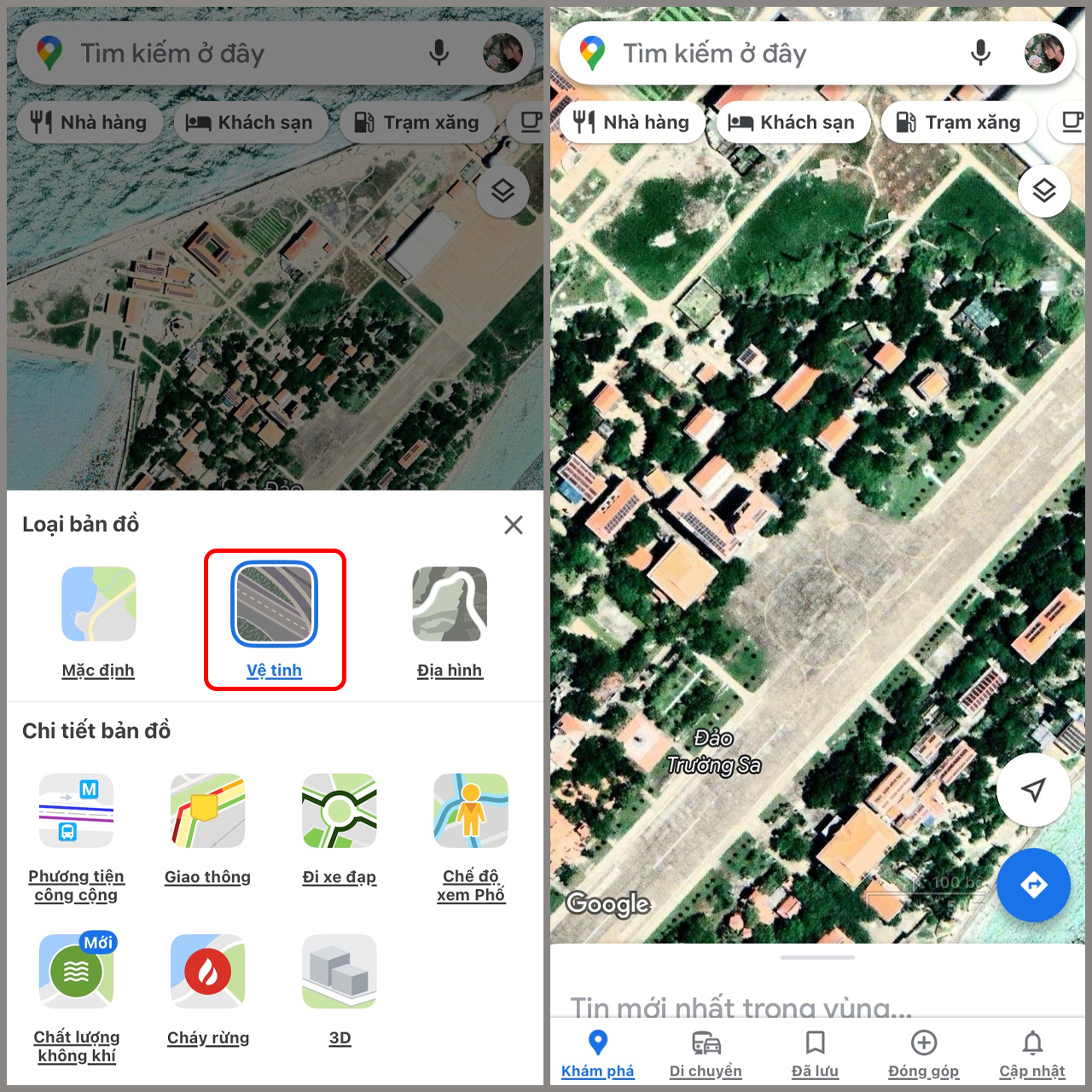 Ảnh chụp màn hình ứng dụng Google Maps trên điện thoại, hiển thị tùy chọn "Vệ tinh" đã được chọn và bản đồ hiển thị hình ảnh vệ tinh