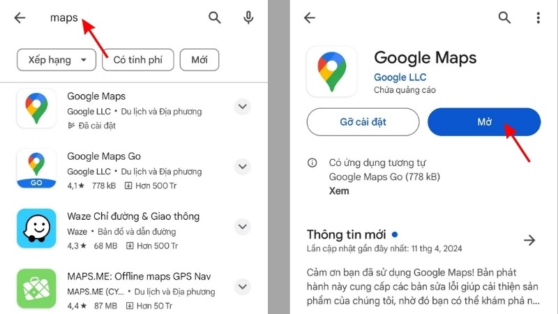 Giao diện ứng dụng Google Maps trên điện thoại hiển thị thanh tìm kiếm, bản đồ và các biểu tượng chức năng