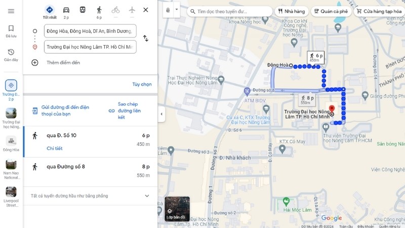 Các tuyến đường khác nhau được hiển thị trên Google Maps, cùng với thông tin chi tiết về thời gian di chuyển và khoảng cách